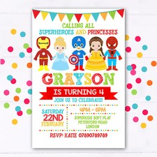 Personalised Princess Superhero Party Invitations, Birthday Invites, pack of 10