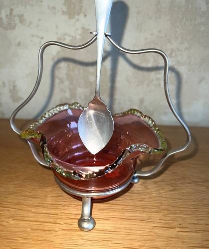 Vtg cranberry glass jam dish - cranberry,