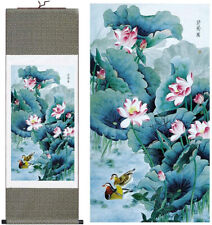 Chinese Mandarin Ducks in Lotus Pond Painting Silk Scroll Yan Yang Wall Hanging