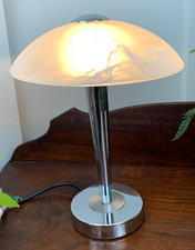 VINTAGE ART DECO STYLE SILVER CHROME UFO TOUCH BEDSIDE LAMP OPAQUE GLASS SHADE