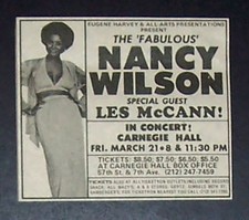 Nancy Wilson w/ Les McCann Carnegie Hall 1975 Mini Poster Type Concert Ad Advert