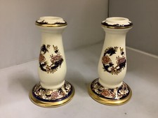 Rare  Shape Vintage Masons Pair Of Blue Mandalay Hand Painted Candlesticks