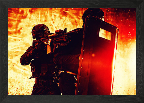 Riot shield attack framed wall - shield,