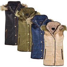 New Womens Gilet Bodywarmer Ladies Coat HOODED FUR PUFFER PADDED QUILTED JACKET 