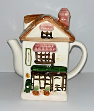 Vintage Cottage House Ceramic Teapot Hand Painted Tea Shop Design with Lid