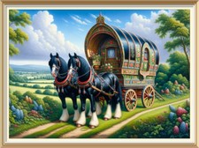 Original Art Print Traveller Romany Gypsy Shire Horse Wagon Bow Top Caravan *R44