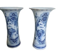 18th Century Tin Glazed Blue/White Delft Pottery Trumpet  Pair of Vases