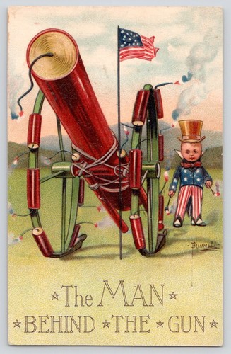 Patriotic man behind the gun - behind,
