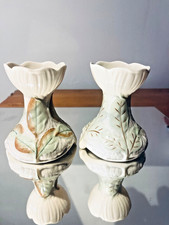 ELM LEAF Two VASES Belleek 3.5" tall Parian Porcelain made in Ireland Green Mark
