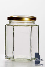 168  x 12oz HEXAGONAL JAM JAR  PICKLE CHUTNEY PRESERVE C/W CHOICE OF LID COLOUR