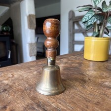 Antique Vintage Brass Bell Dinner School Yard  Oak Handle Table Bell Church 