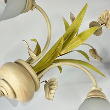 Vintage French 3 Arm Metal Leaves Toleware Light With Opaque Glass Shades