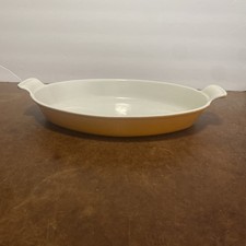 Vtg Yellow/Orange Enamelware Oval Baker #32 EUC White Interior