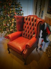 WINGBACK RED LEATHER CHESTERFIELD ARMCHAIR - ANTIQUE STYLE - SANTA THRONE XMAS