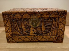 Antique Chinese Carved Camphor Chest Wood Brass Clasp, storage box chest