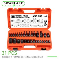 31PC Torx Bit & Female External Socket Set T8- T70 E4-E24 Impact Socket Adapters