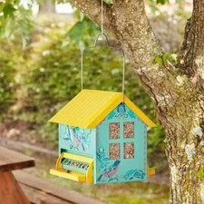 Squirrel Proof Bird Feeder Hanging Seed Hopper Farm Yellow Blue Painted Metal
