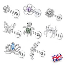 Cartilage Labret Piercing 6mm Bar Earrings Stud Crystal Gem Flat Back Tragus