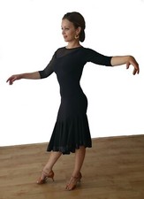 STRETCHY LATIN DRESS ASYMMETRICAL HEM. MESH SLEEVE. BLACK