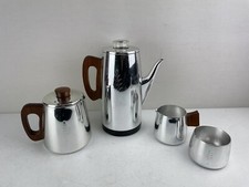 Vintage SONA Coffee +Tea Pot Set+Sugar+Jug-Silver Metal With Wood Handles VGC