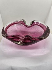 Murano Controlled Bubble Art Glass Dish / Bowl   Pink Cranberry  MCM