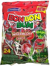Colombina Bon Bon Bum Bubble Gum Lollipops Watermelon Flavor Hard Candy 24 Packs