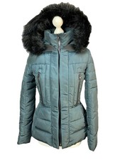 Zara Feather & Down Quilted Hooded Jacket Size S Green Fur Trim Pockets