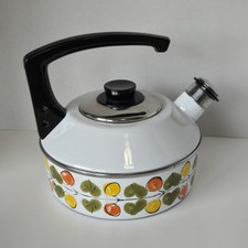 Vintage Enamel Tea Pot Kettle Whistles Lemon Orange Leaves Austria Email MCM