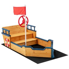 Kids Wooden Sandbox Pirate Ship Play Boat w/ Flag Rudder Lifebuoy Decoration