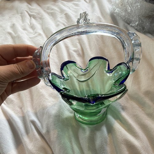 Art glass basket green - glass, &