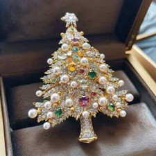 Vintage Women Men Crystal Pearl Christmas Tree Brooch Pin