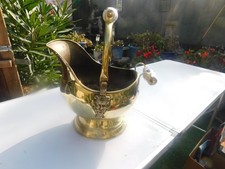 VINTAGE  MEDIUM SIZED BRASS COAL/LOG SCUTTLE WITH BLUE WHITE CERAMIC HANDLES.