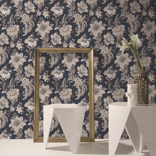 Navy floral wallpaper - navy, grey