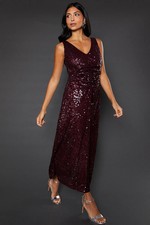 Wallis Womens Maxi Dress Wine Sequin Ruched V Neck Sleeveless Wedding