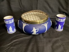 Antique Wedgwood Cobalt Blue Jasper Ware ROSE Bowl & Pair VASES