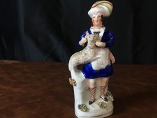 Antique Staffordshire Figurine Woman Holding Sheep 19th Century Pastoral Decor