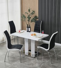 Dining Table Set White High Gloss 4 Seater Rectangular and 4 Faux Leather Chairs