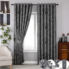 Fully Lined Jacquard Curtains Ready Made Eyelet Ring Top Curtain Windows & Doors