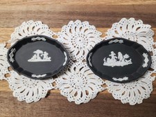 2 Wedgwood Black Basalt Jasperware Plate Trinket Pin Dish Fluted