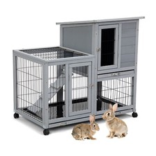 COZIWOW Wooden Rabbit Hutch 2-Tier Indoor Bunny Cage Cleaning Trays and Run Gray