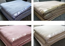 100% Wool Solid Traditional Blanket  Luxury Satin Ribbon Trim in 4 colours 