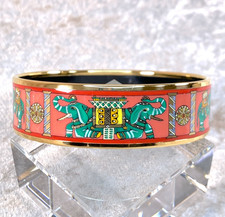 Vintage Hermes Bangle Bracelet Pink Enamel Green Elephant Gold Rim Size 70