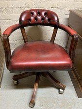 Antique Revolving Chesterfield Leather Armchair Desk Office Captains Seat Red Re
