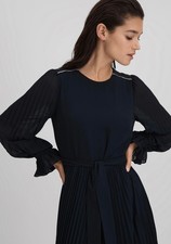 REISS Priya Pleated Belted Midi Dress in Navy/Cream UK Size 8 