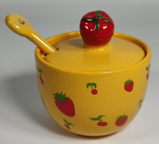 Yves Rocher Ceramic Jam Pot with Spoon Vintage French Strawberry Cherry