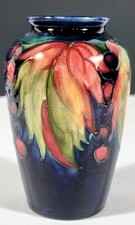 William Moorcroft Leaves And Fruit miniature Vase Flambe Glaze Ceramic c 1930