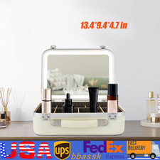 Portable Cosmetic Organizer Box Travel Makeup Train Case With LED Light + Mirror