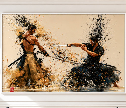 Two samurai watercolor print - watercolor,