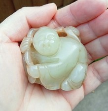 Chinese Ming / Qing Jade River Pebble Carving Of Boy Holding Lingzhi Fungus 