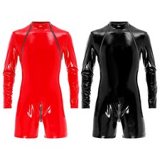 Men's Shiny Faux Leather Long Sleeve Bodysuit Wet Look Jumpsuits Boxer Shorts